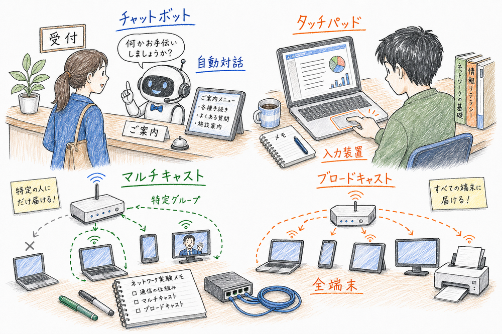 チャットボット、タッチパッド、マルチキャスト、ブロードキャストを対象物ごとに見分ける図解