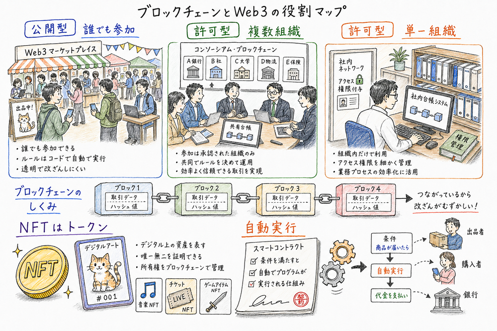 パブリック型、コンソーシアム型、プライベート型とNFT、スマートコントラクトの役割差を整理した図解