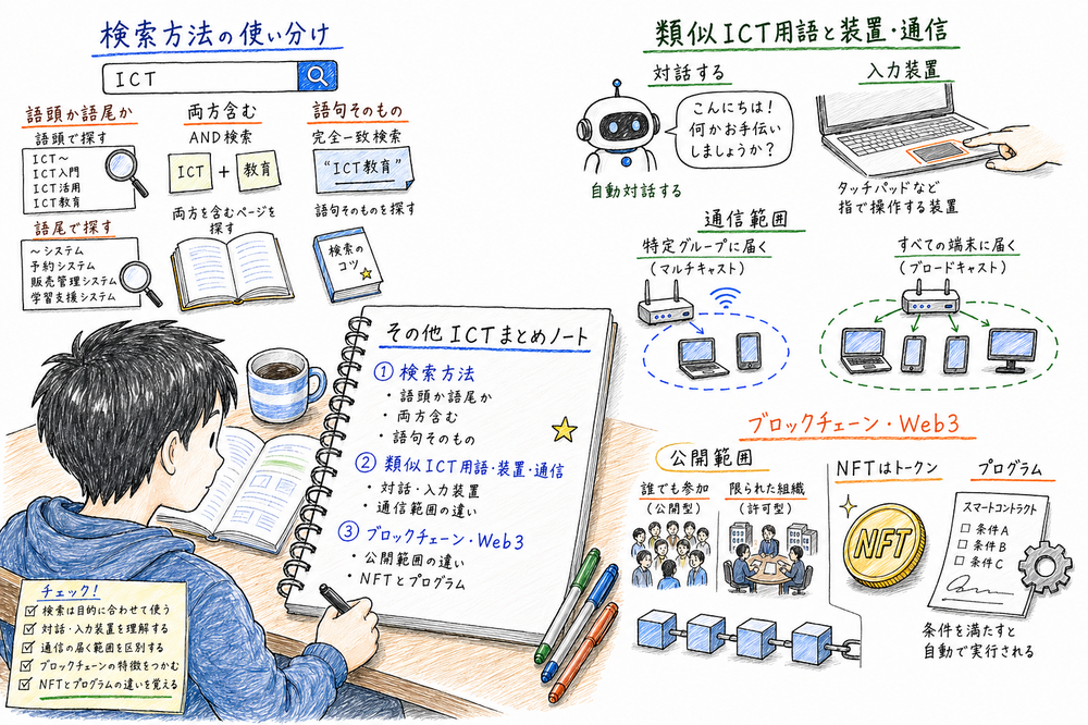 検索方式、類似ICT用語、ブロックチェーン周辺論点の判断軸を総復習する図解