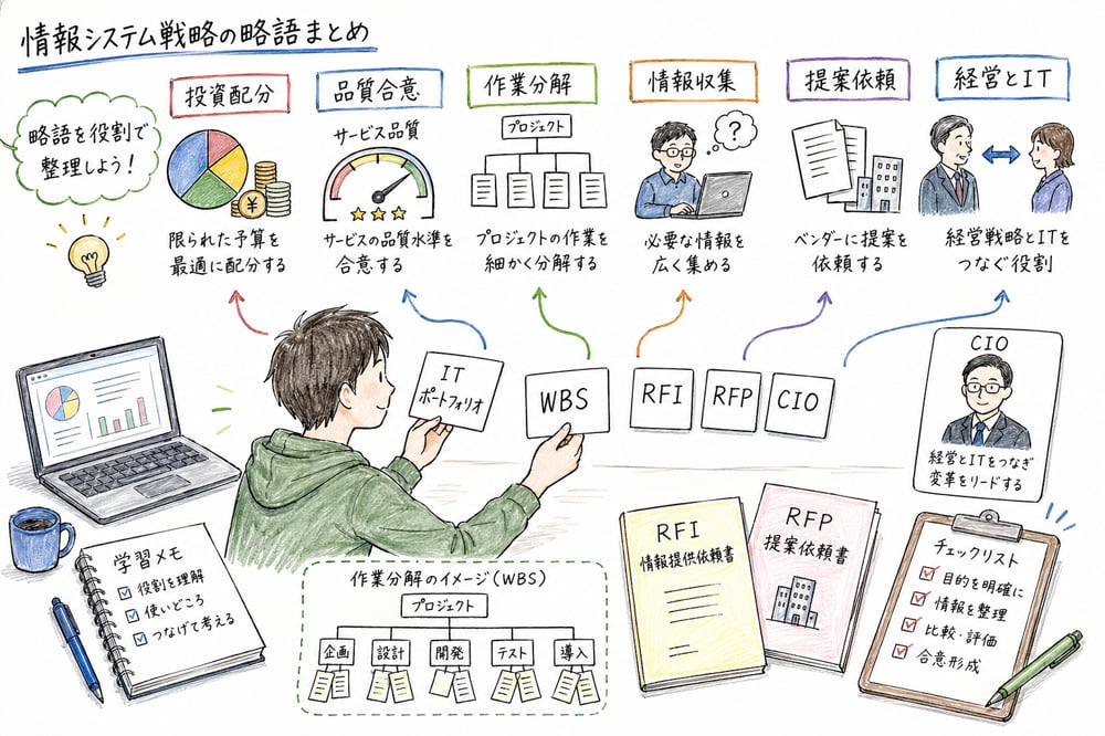 情報システム戦略の略語を投資配分、品質合意、作業分解、情報収集、提案依頼、経営とITで判定する図解
