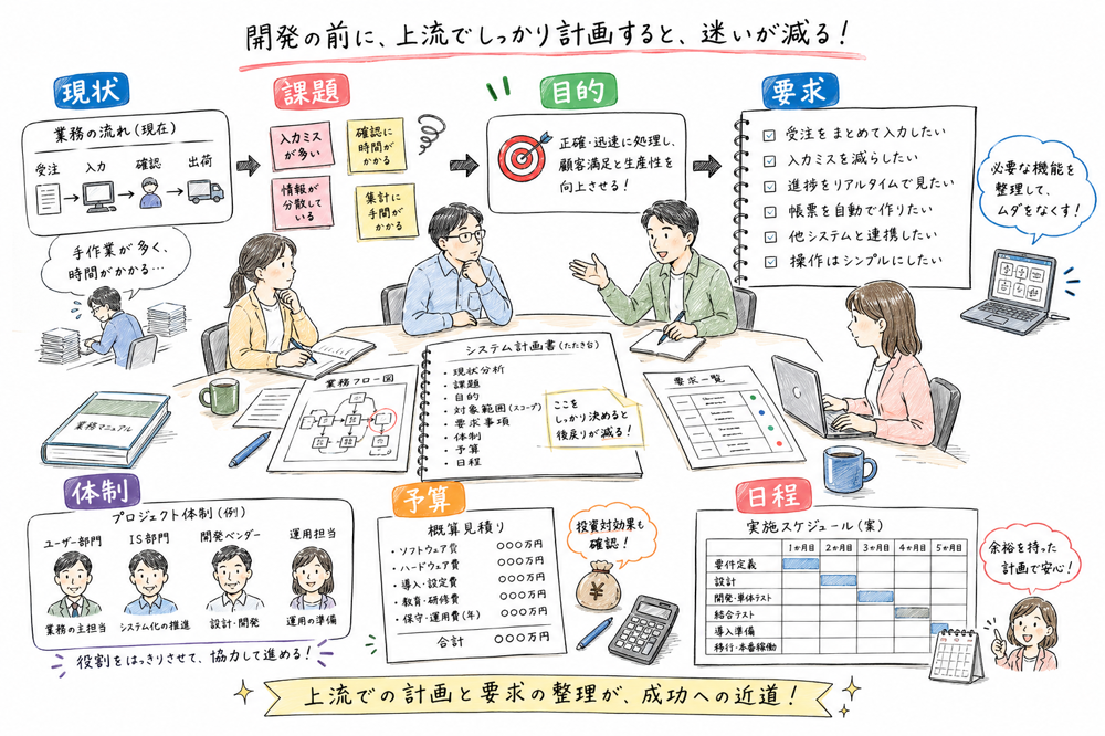 システム化計画で現状、課題、目的、要求、体制、予算、日程を整理する図解