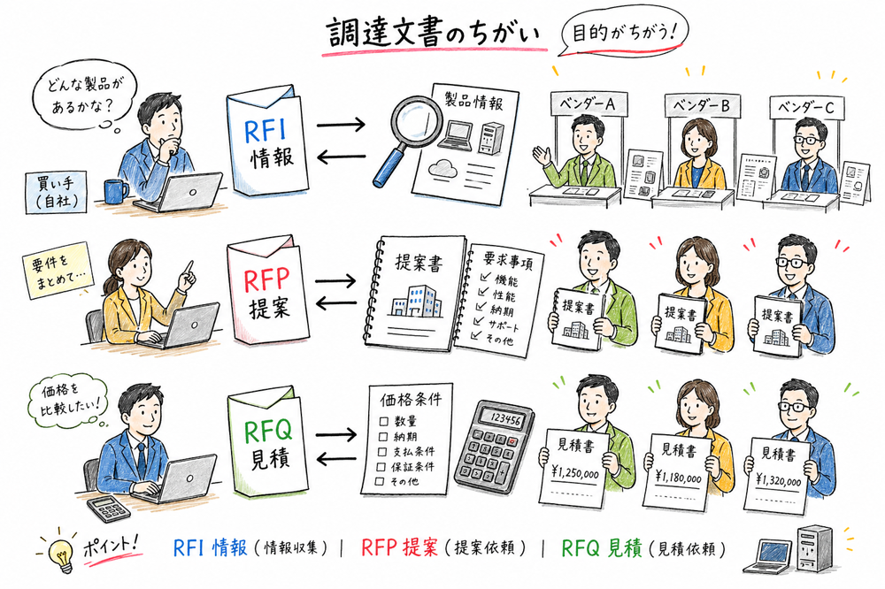 RFI、RFP、RFQを情報収集、提案依頼、見積依頼で切り分ける図解