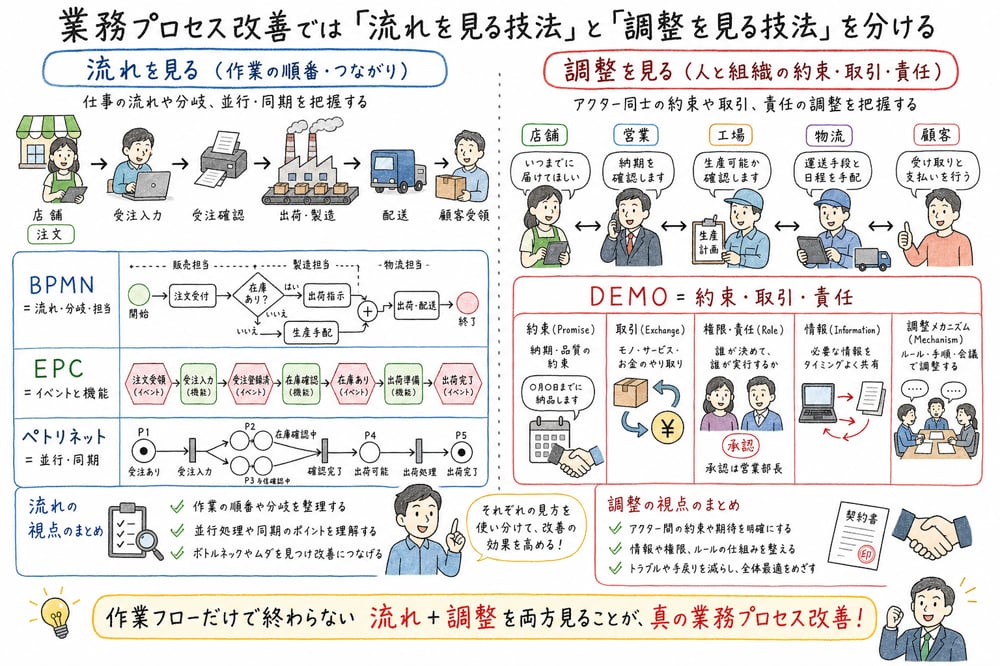 業務プロセス改善で流れを見る技法と調整を見る技法を分ける図解