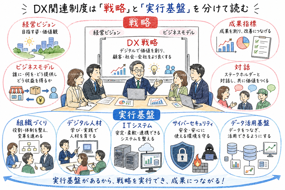 DX関連制度を戦略と実行基盤に分けて読むための図解