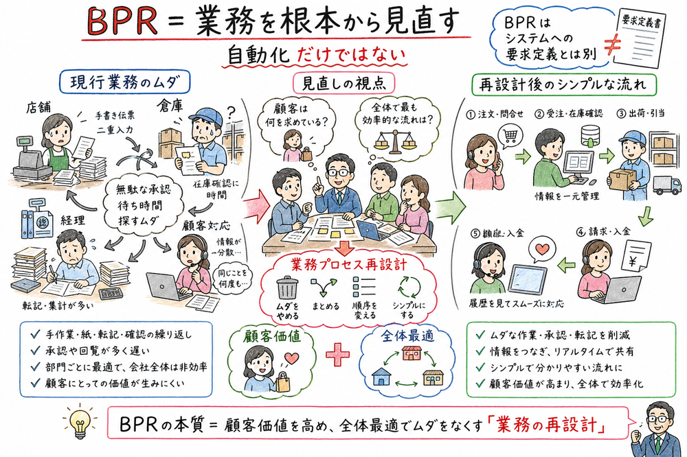 BPRが自動化ではなく顧客価値と全体最適から業務を再設計する考え方であることを示す図解