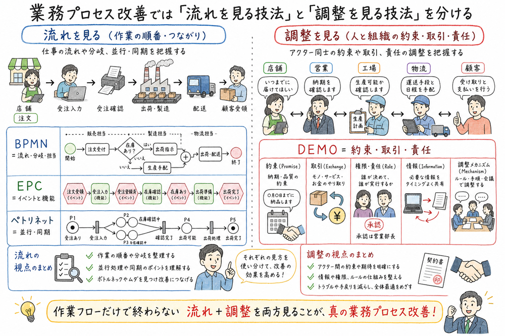 業務プロセス改善で流れを見る技法と調整を見る技法を分ける図解