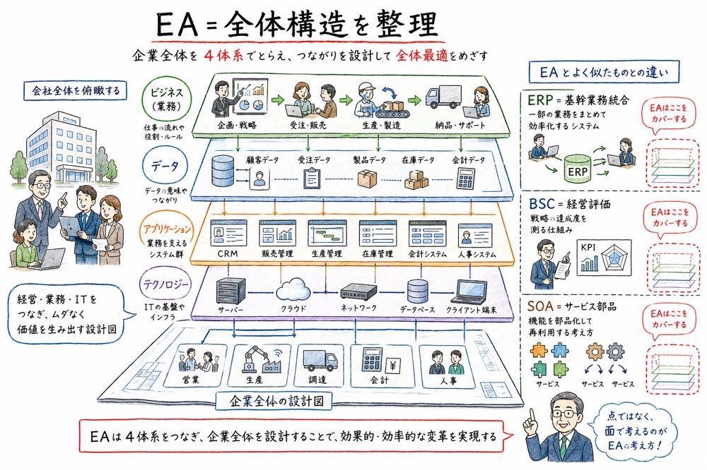 EAをビジネス、データ、アプリケーション、テクノロジーの4体系で整理する図解