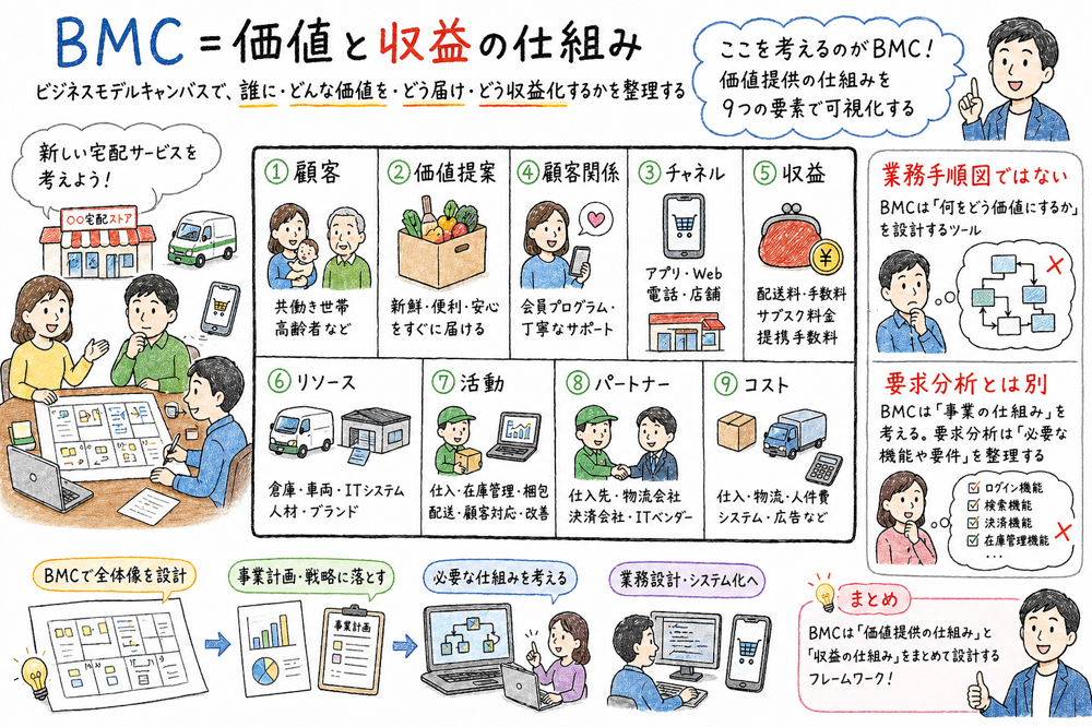 ビジネスモデルキャンバスが価値提供と収益化の仕組みを9要素で整理する図解