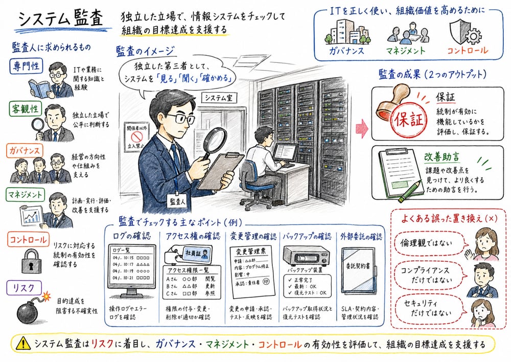 監査人がシステムのリスクとコントロールを確認し保証と改善助言につなげる図解