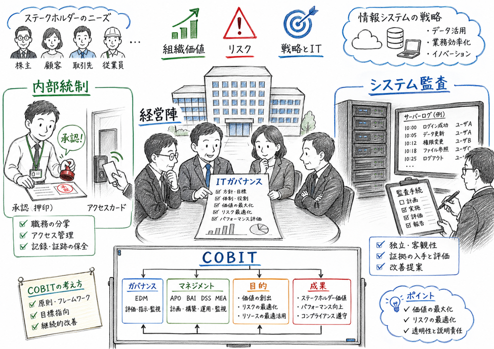 ITガバナンス、内部統制、システム監査、COBITの位置づけを経営と現場の場面で整理した図解