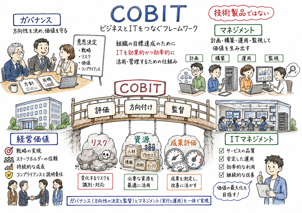 COBITが経営価値とITマネジメントをつなぐフレームワークであることを示した図解
