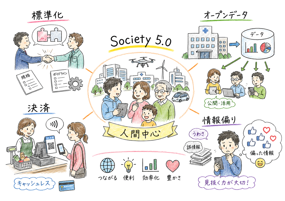 情報化社会で押さえる標準化、オープンデータ、Society 5.0、決済、情報偏りの全体像