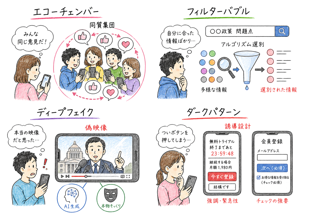 エコーチェンバー、フィルターバブル、ディープフェイク、ダークパターンの違い