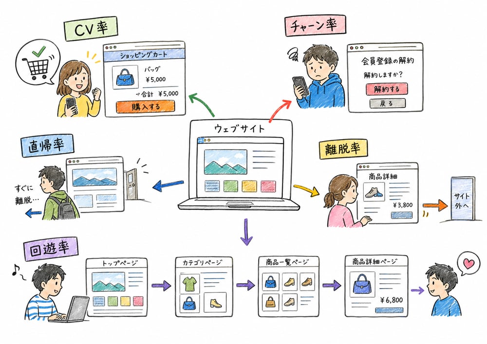 Webマーケティング指標を測る行動別に整理した図解