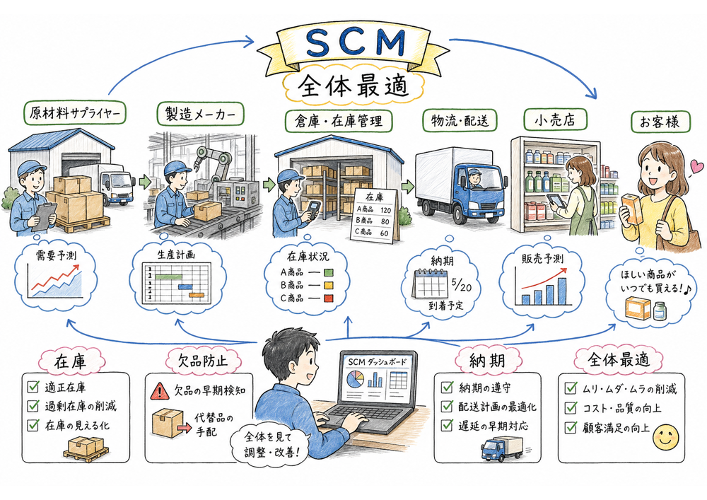 SCMが調達から販売までの供給連鎖全体を最適化する様子