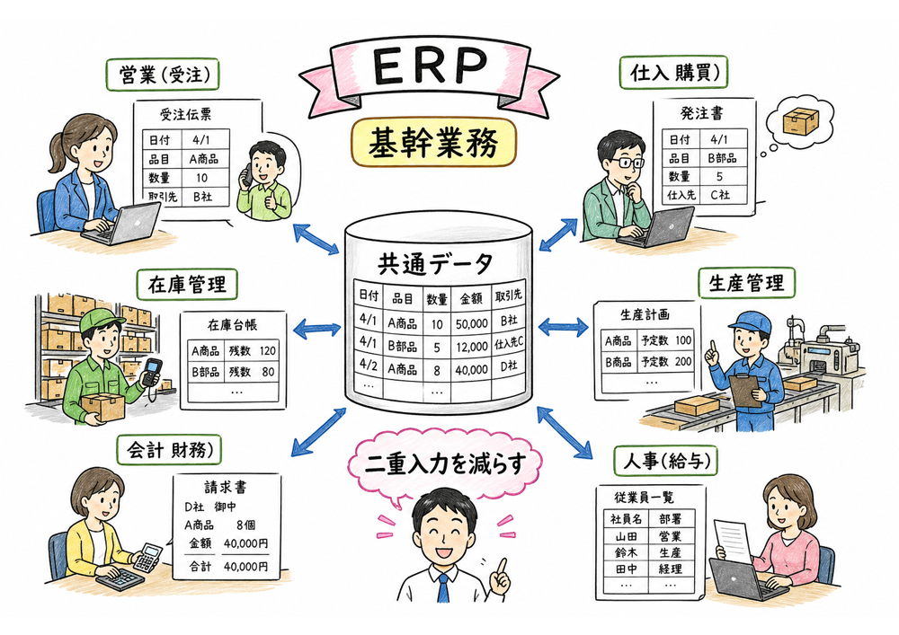 ERPが基幹業務を共通データで統合する様子