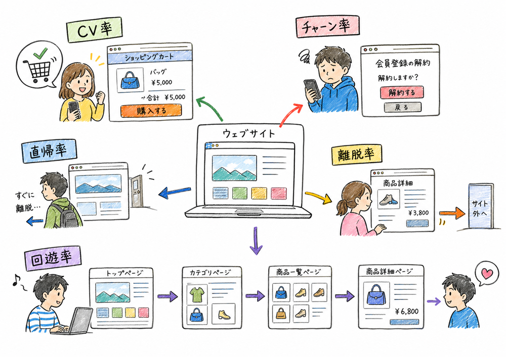 Webマーケティング指標を測る行動別に整理した図解