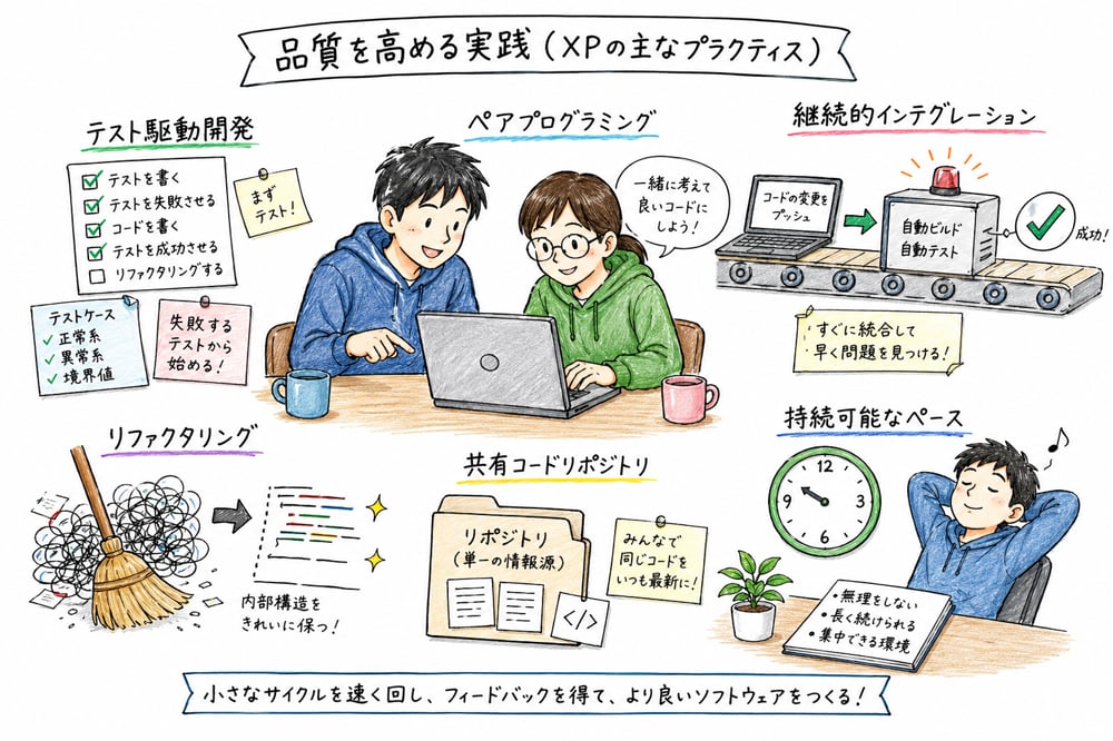 ペアプログラミング、テスト駆動開発、リファクタリングなどXPの具体的実践を示す図解