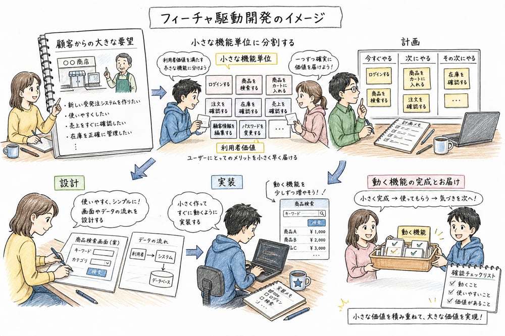 利用者価値のある小さな機能単位で計画、設計、実装を進めるフィーチャ駆動開発の図解