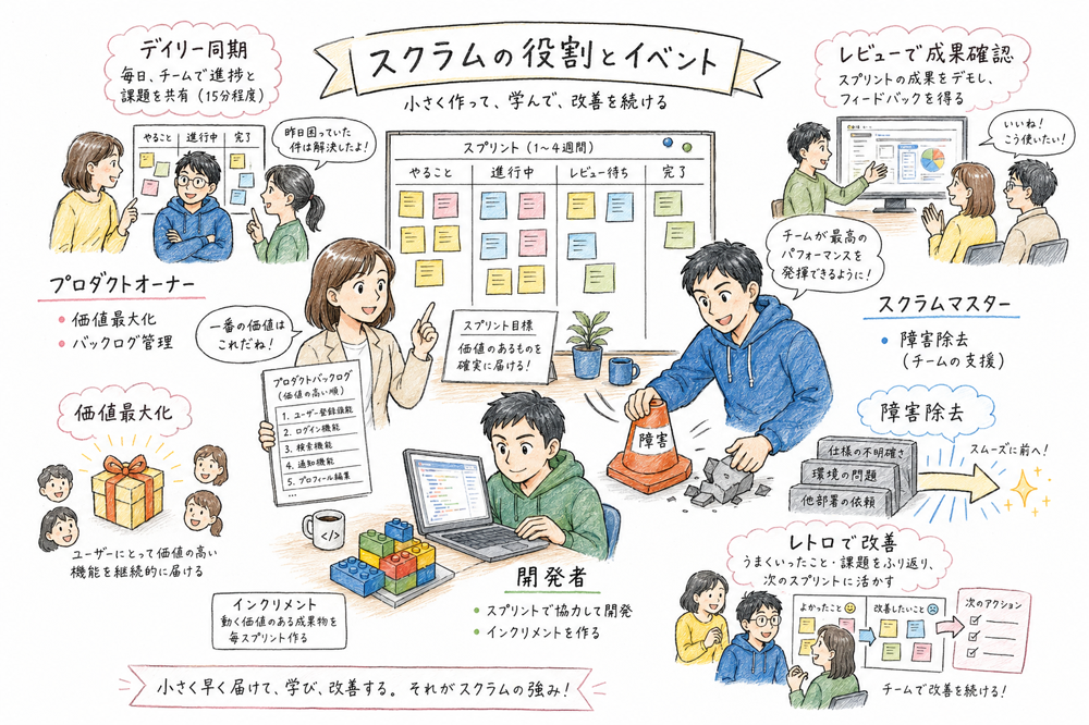 スクラムのプロダクトオーナー、スクラムマスター、開発者と主要イベントを対応づける図解