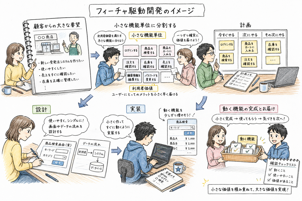利用者価値のある小さな機能単位で計画、設計、実装を進めるフィーチャ駆動開発の図解