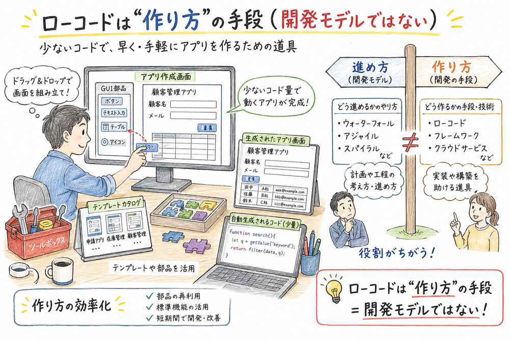 ローコード開発を開発モデルではなく少ないコード量で作るための手段として整理する図解