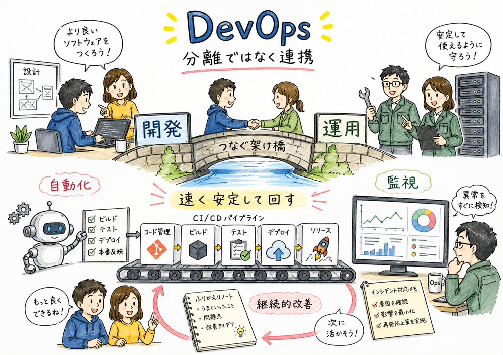 開発と運用を分離せず、自動化、監視、継続的改善で連携するDevOpsの図解