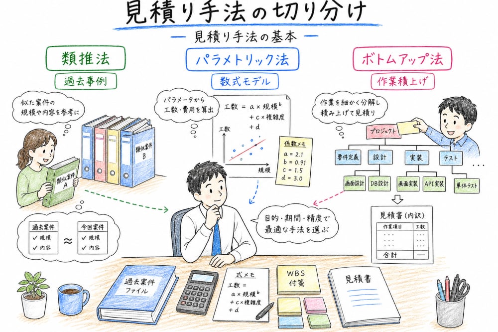 類推法、パラメトリック法、ボトムアップ法を見積り根拠で切り分ける図解