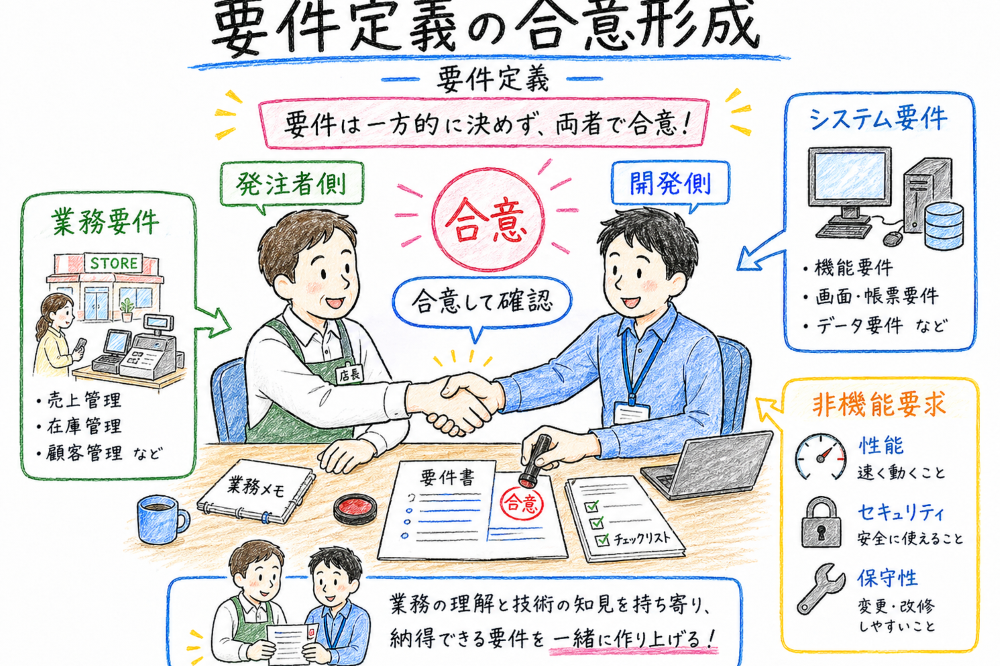 要件定義で業務要件、システム要件、非機能要求を合意する様子の図解