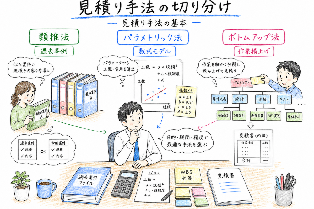 類推法、パラメトリック法、ボトムアップ法を見積り根拠で切り分ける図解