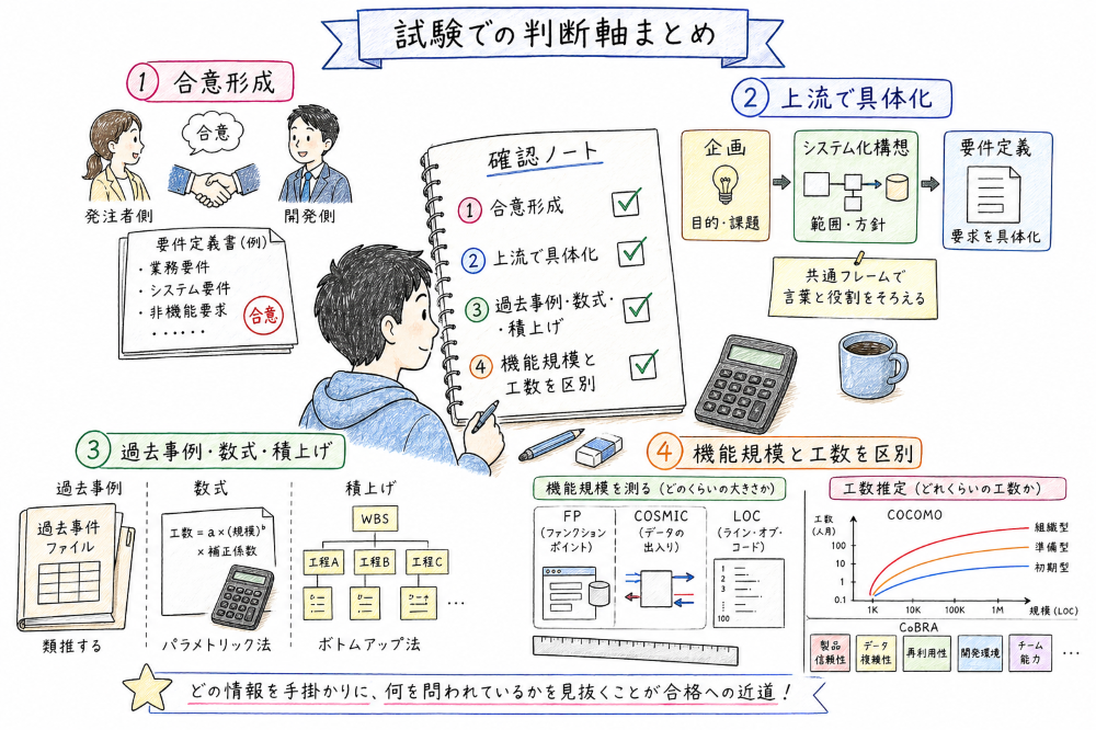 要件定義、共通フレーム、見積り、機能規模と工数推定を試験の判断軸として確認する図解