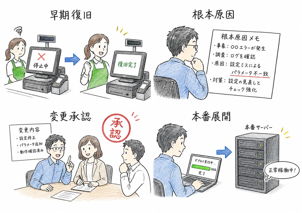 インシデント管理、問題管理、変更管理、リリース管理を目的で切り分ける図解