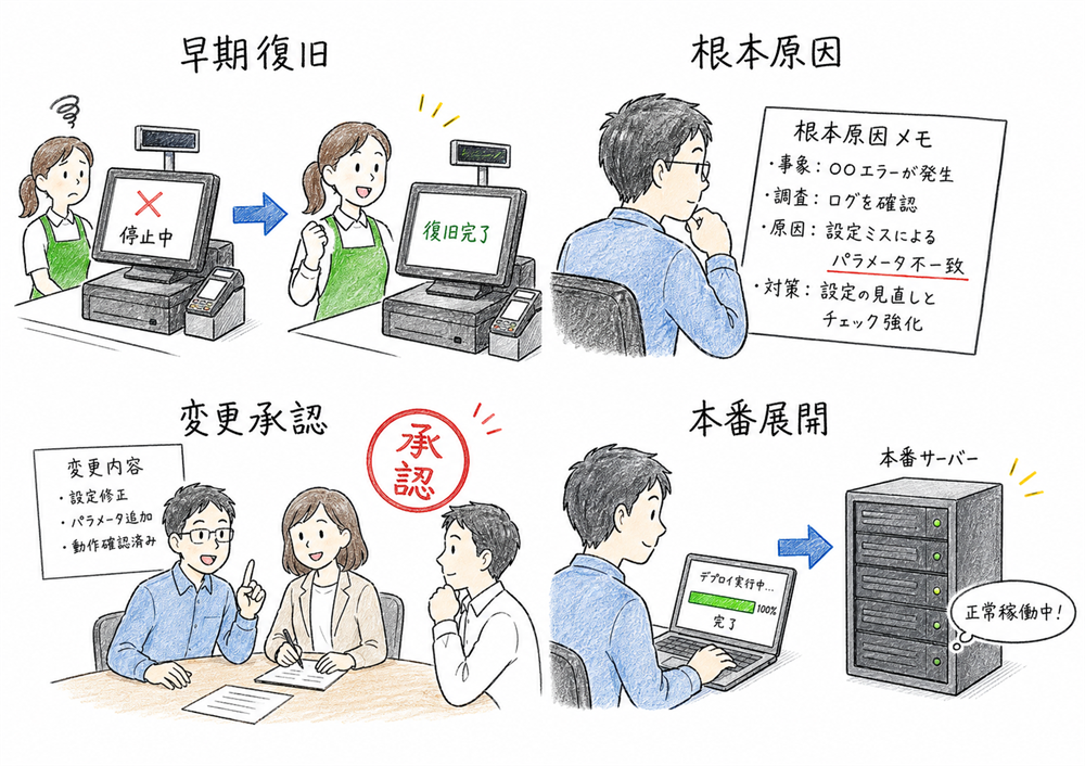 インシデント管理、問題管理、変更管理、リリース管理を目的で切り分ける図解