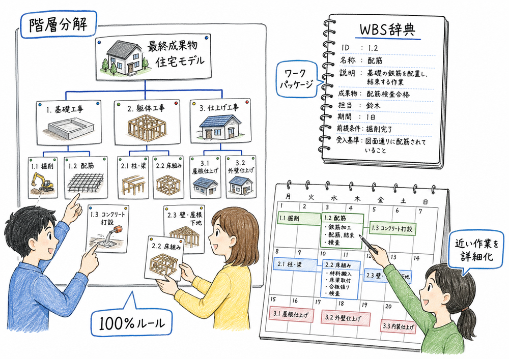 WBS、100%ルール、ワークパッケージ、ローリングウェーブ計画法を整理する図解