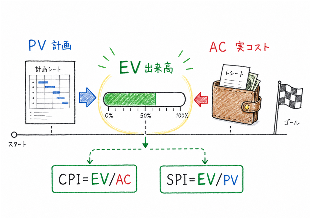 PV、EV、ACとCPI、SPIの関係を整理するEVMの図解