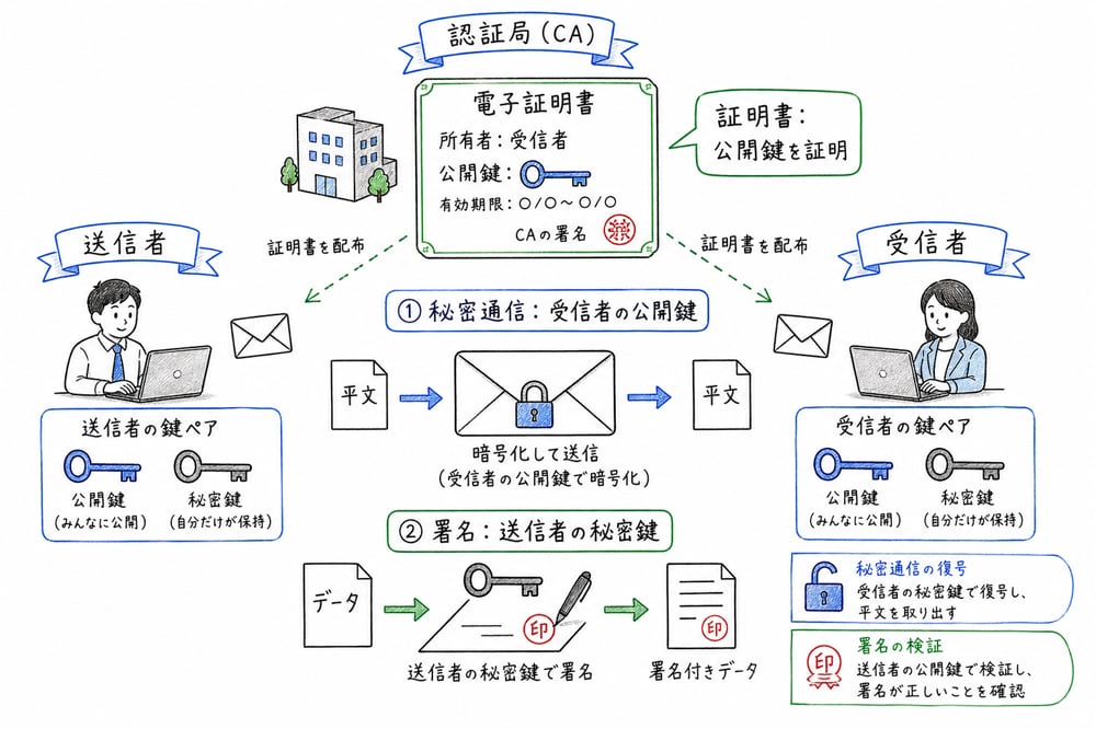 暗号、デジタル署名、電子証明書の鍵の向きを示す図解