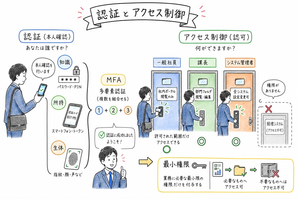 認証要素とアクセス制御の違いを示す図解