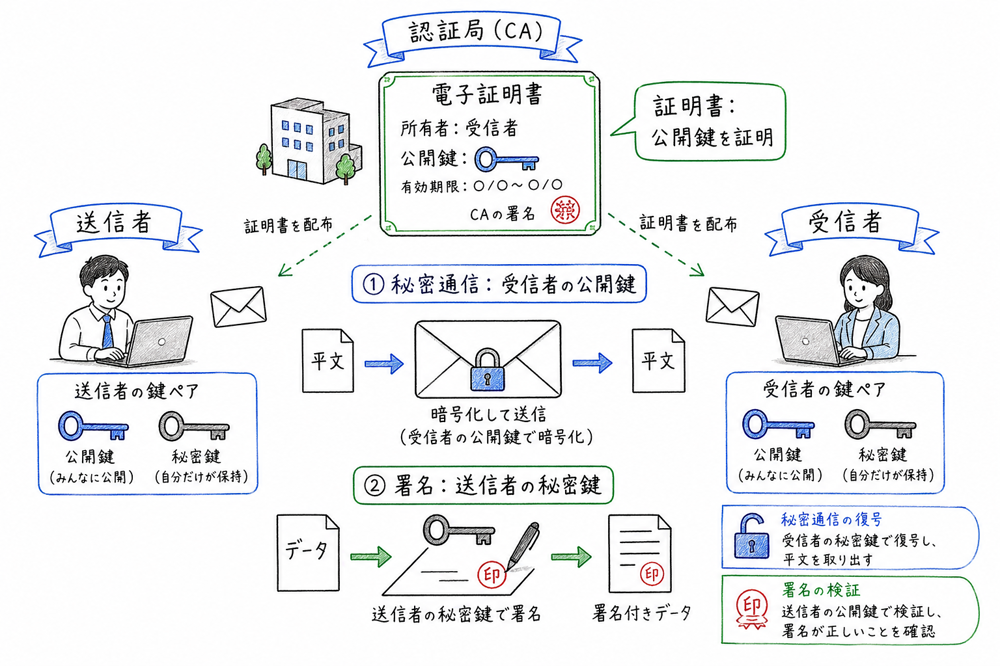 暗号、デジタル署名、電子証明書の鍵の向きを示す図解
