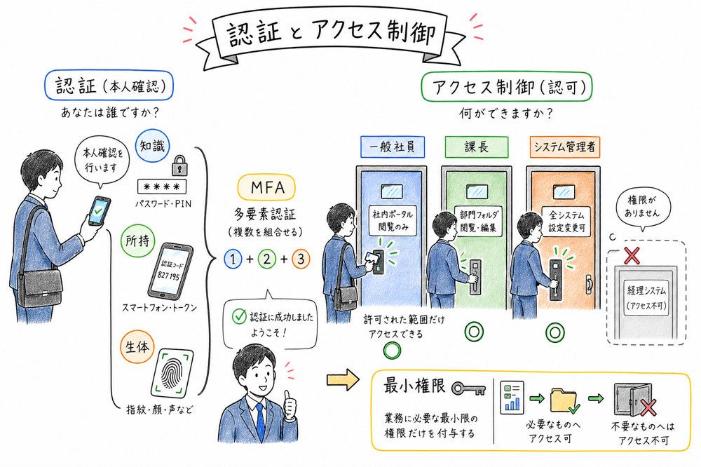 認証要素とアクセス制御の違いを示す図解
