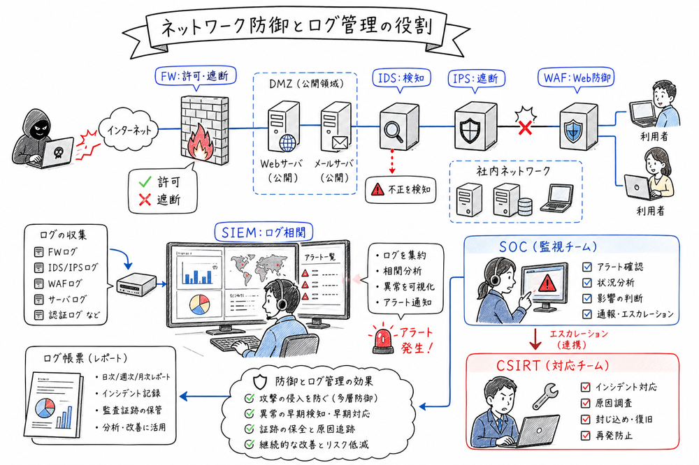 ネットワーク防御装置とログ管理の役割を示す図解