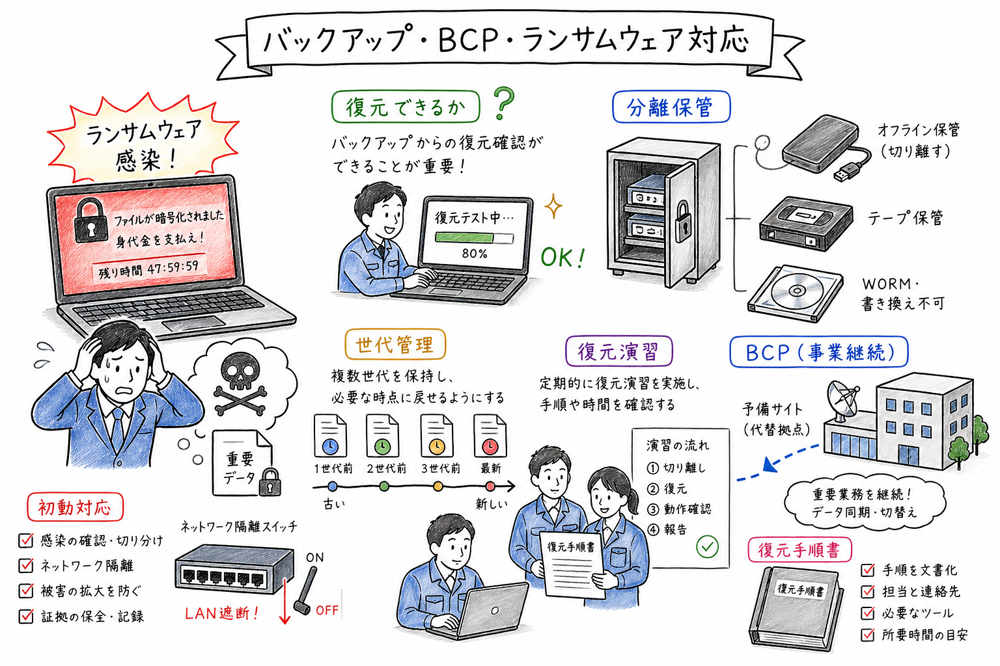 バックアップ、BCP、ランサムウェア対応の要点を示す図解