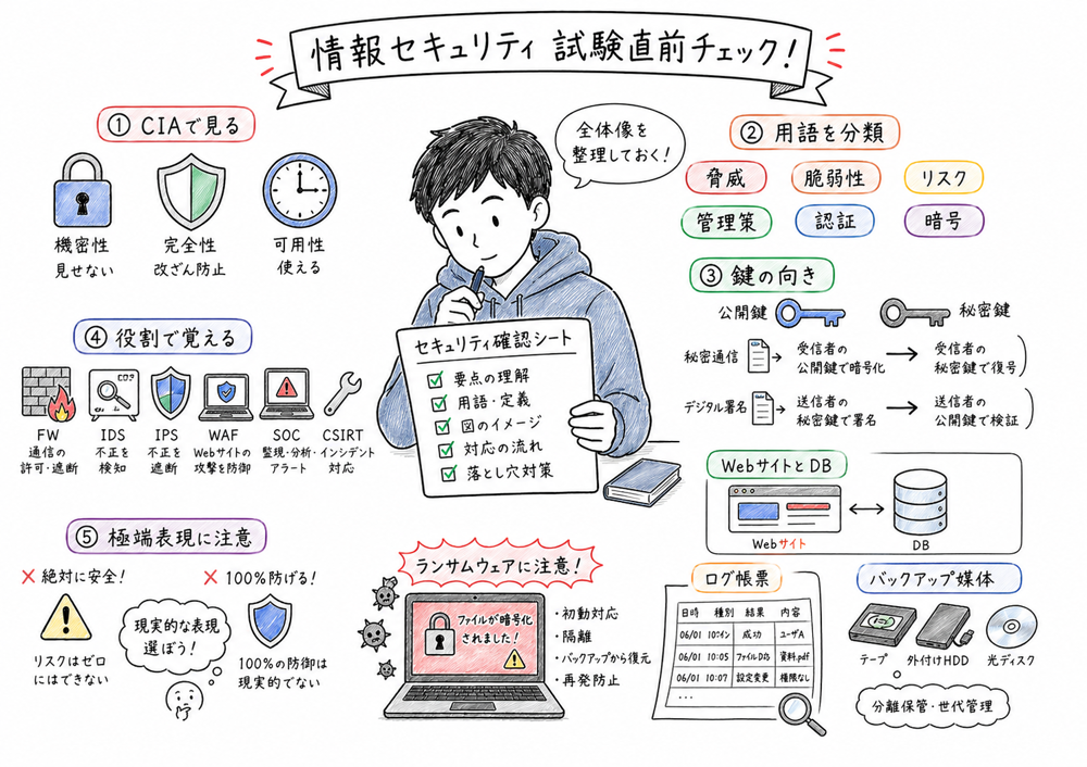 情報セキュリティの試験直前チェックポイントを示す図解