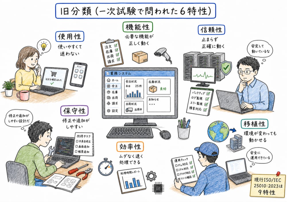 旧ISO/IEC 9126系のソフトウェア品質6特性を業務システム点検で示す図解