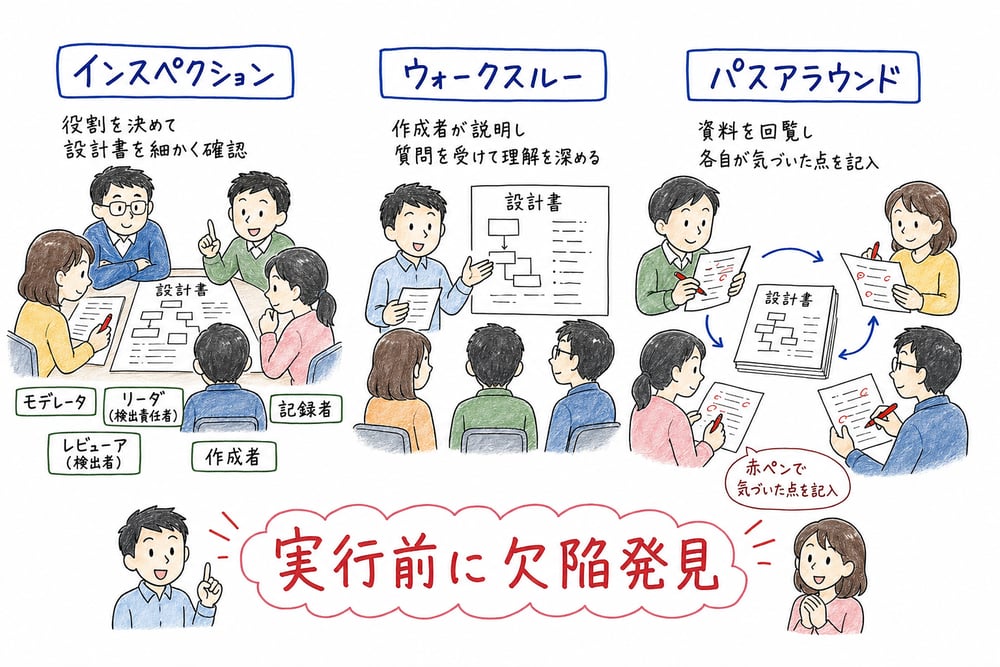 インスペクション、ウォークスルー、パスアラウンドの違いを示す図解