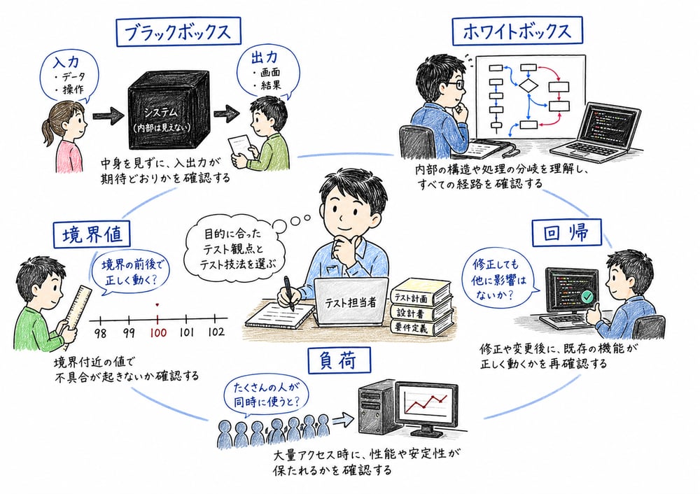 ブラックボックス、ホワイトボックス、境界値、回帰、負荷のテスト観点を示す図解