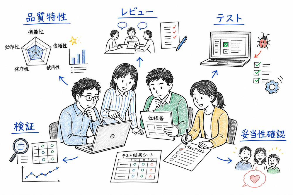品質評価を品質特性、レビュー、テスト、検証、妥当性確認で整理する図解