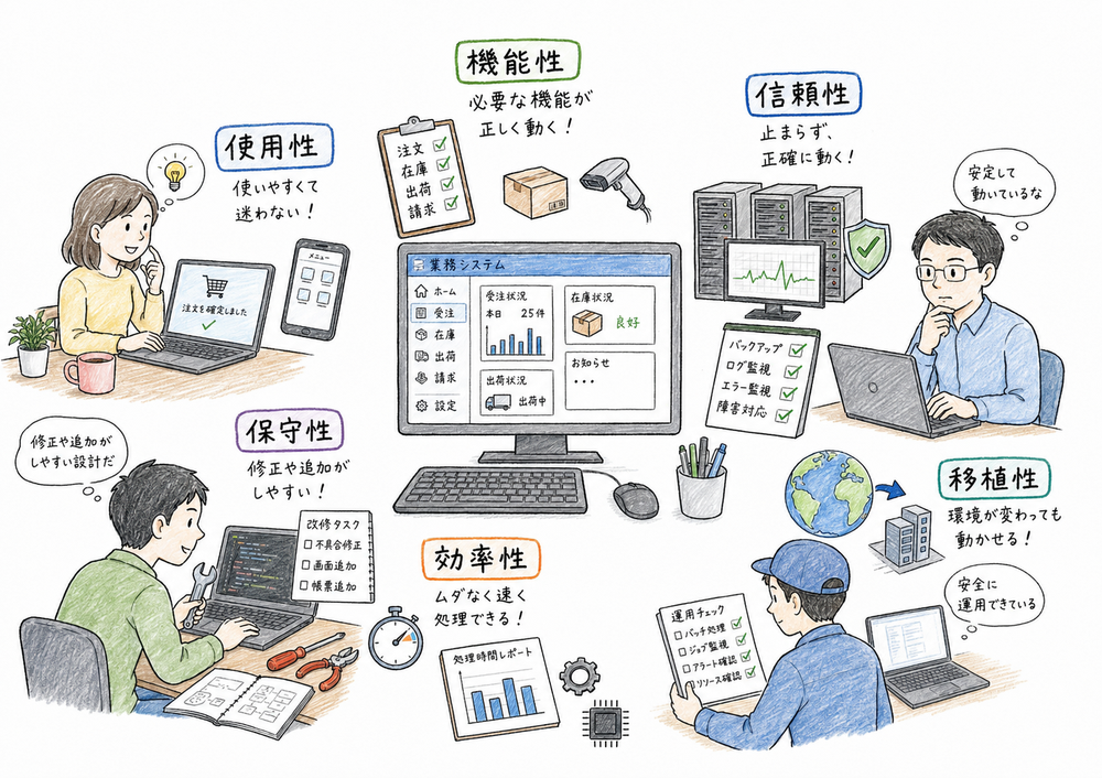 ソフトウェア品質特性の6つの評価観点を業務システム点検で示す図解
