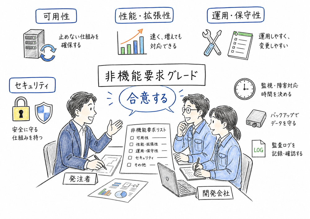 非機能要求グレードを発注者と開発側の合意づくりとして示す図解