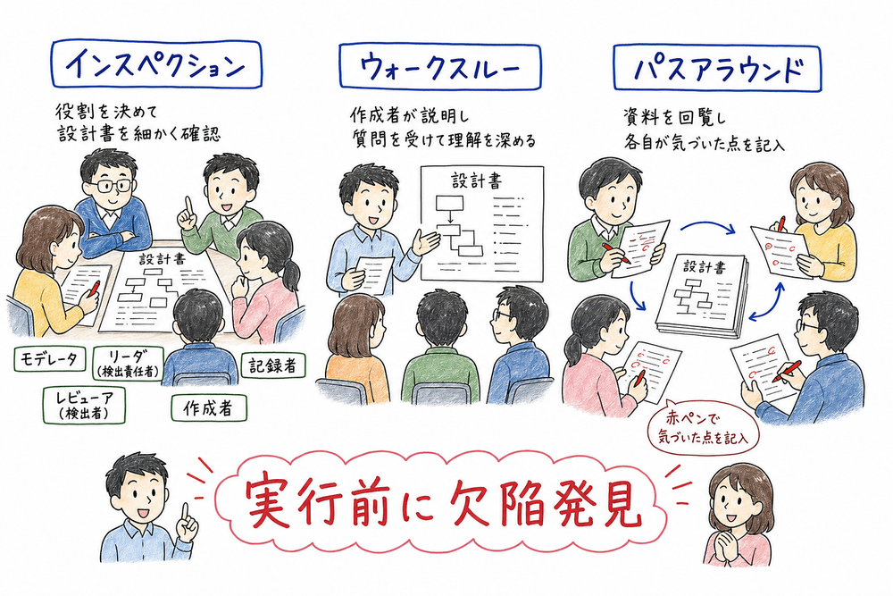 インスペクション、ウォークスルー、パスアラウンドの違いを示す図解
