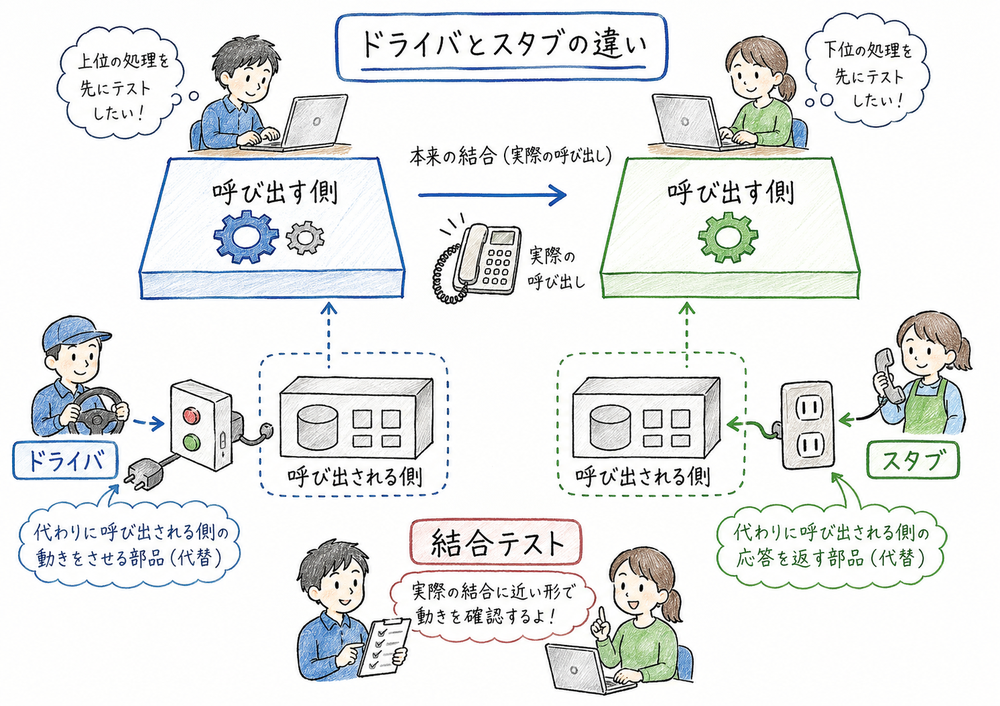 ドライバとスタブを呼び出す側と呼び出される側で区別する図解